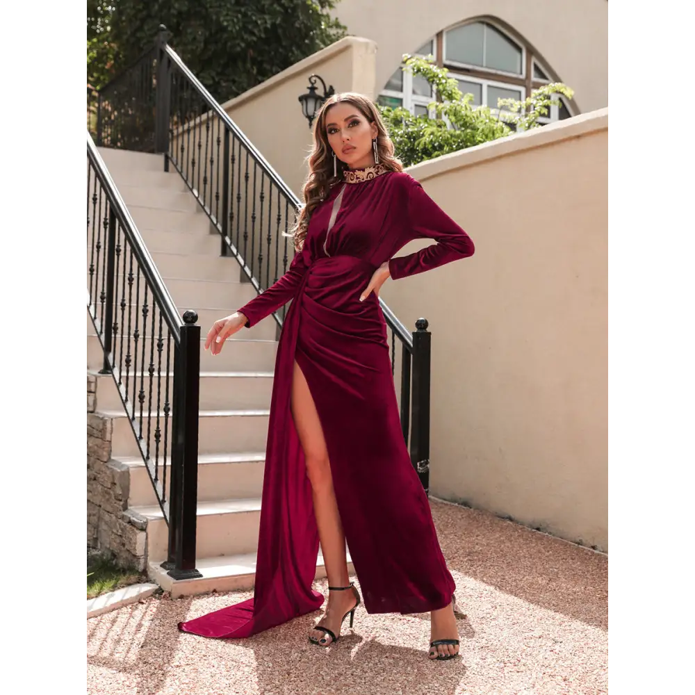 Veluxe: Women’s Velvet High Neck Evening Dress - Wine Red / S