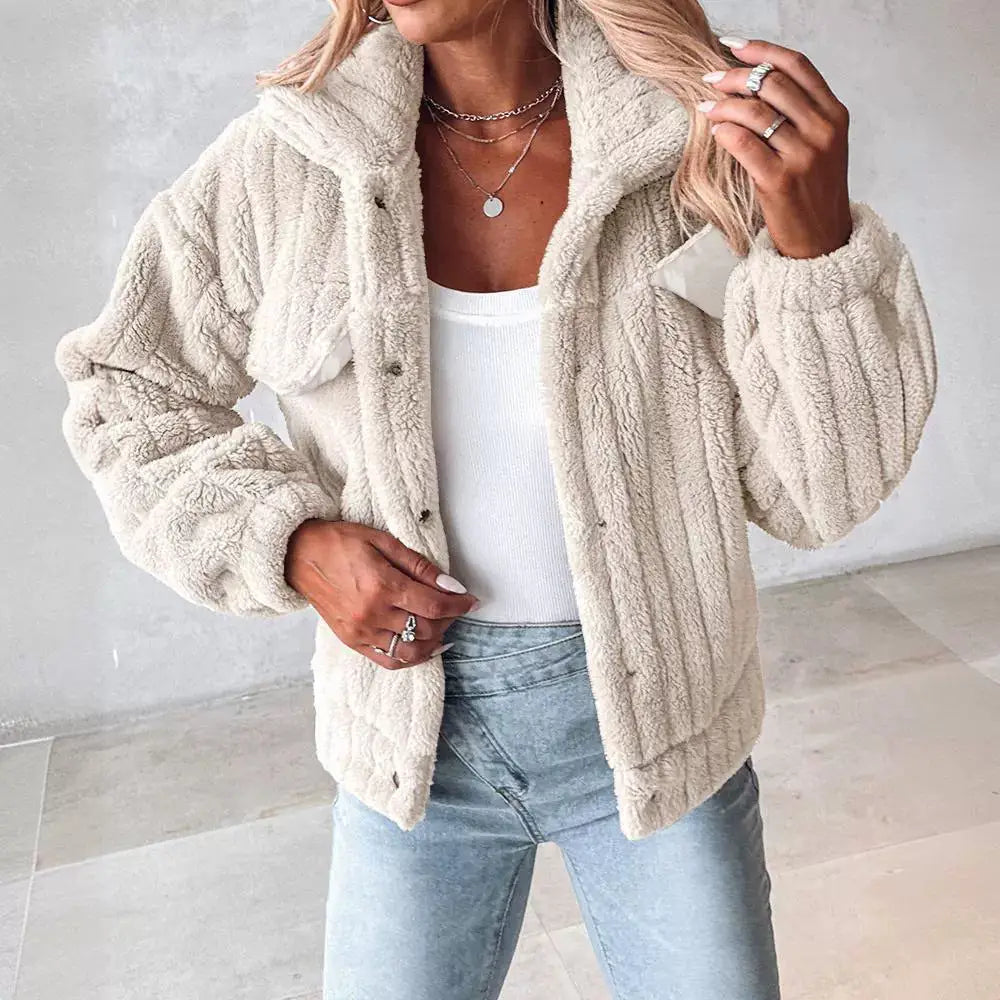 Velvet Stripe Lapel Cardigan for Women - Beige / S