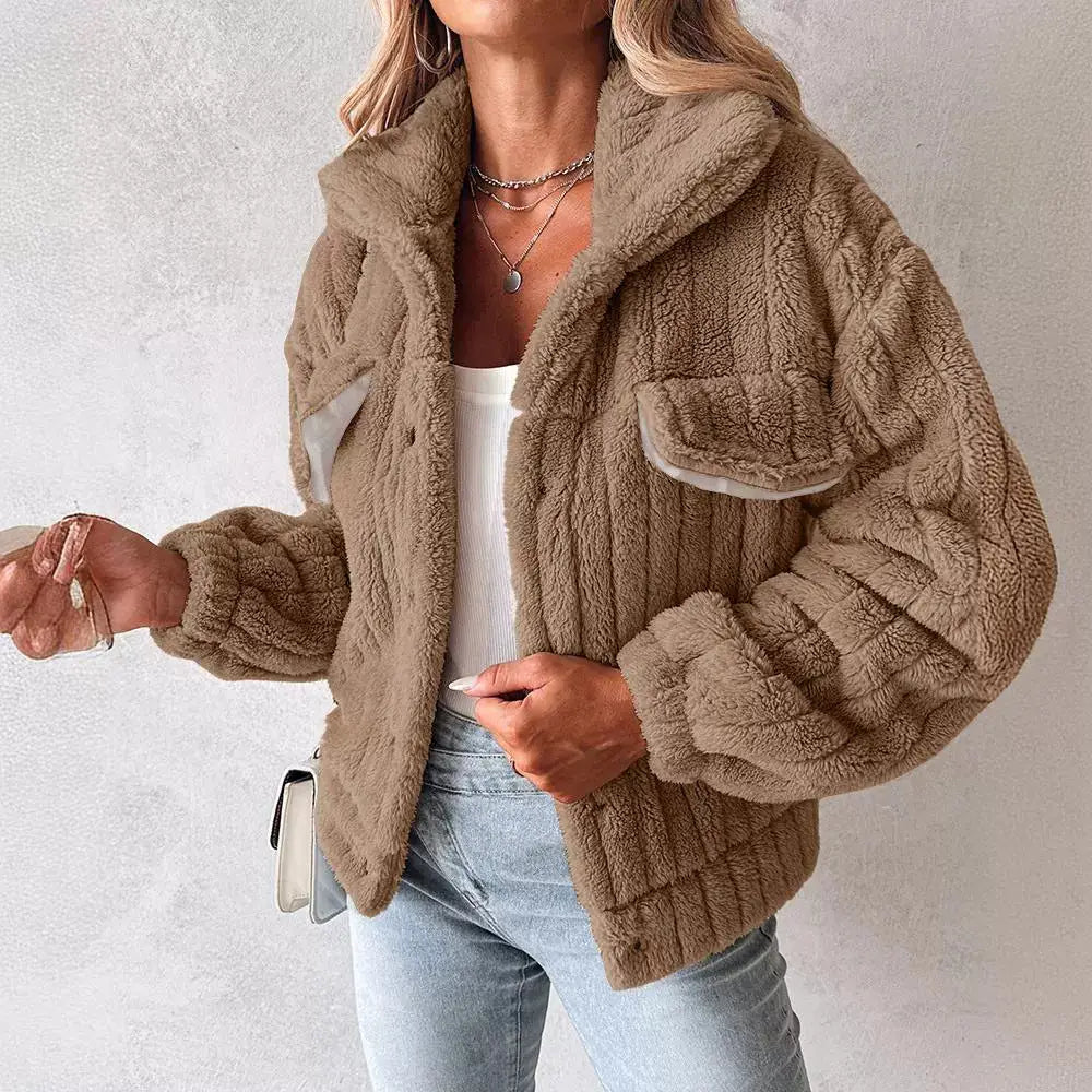 Velvet Stripe Lapel Cardigan for Women - Khaki / S
