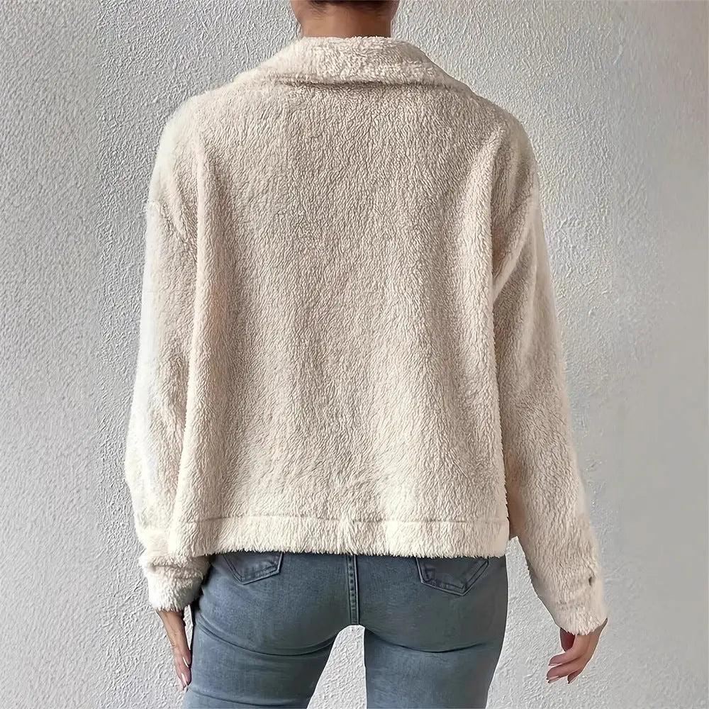 Velvety White Woolen Lapel Coat