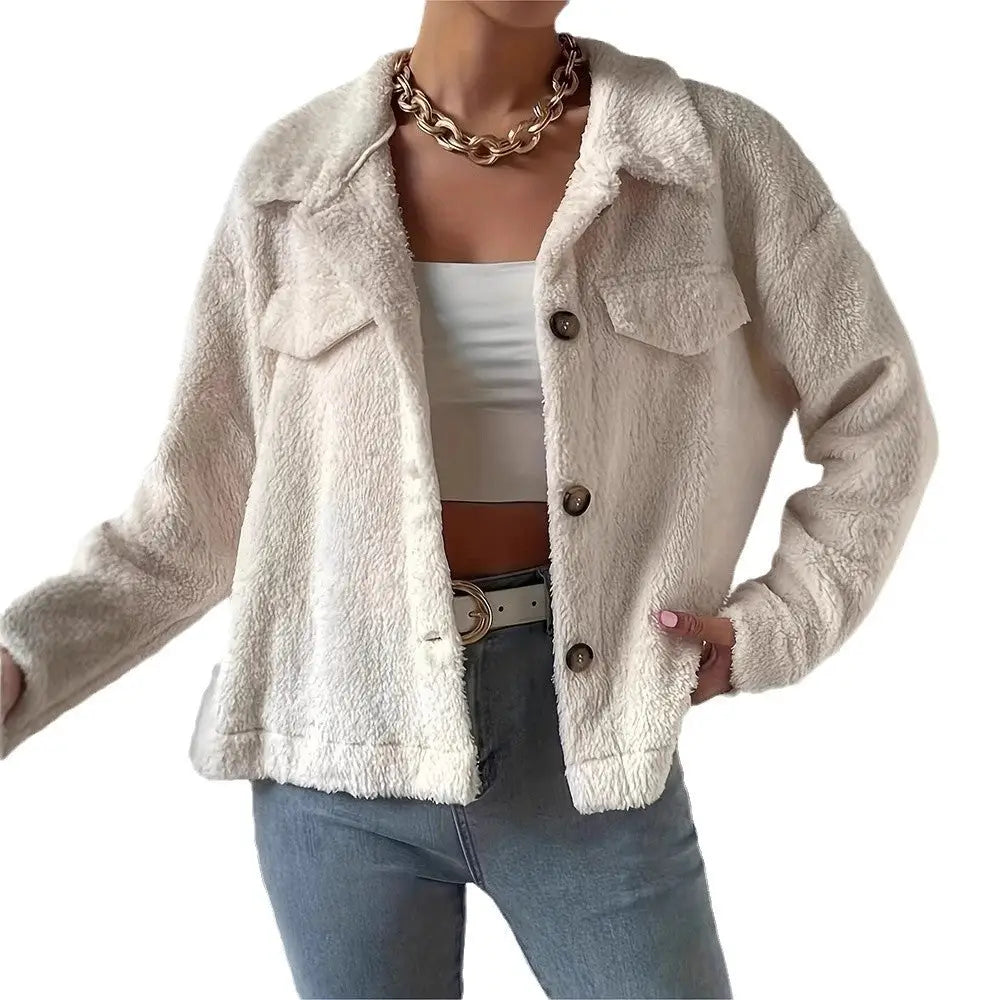 Velvety White Woolen Lapel Coat