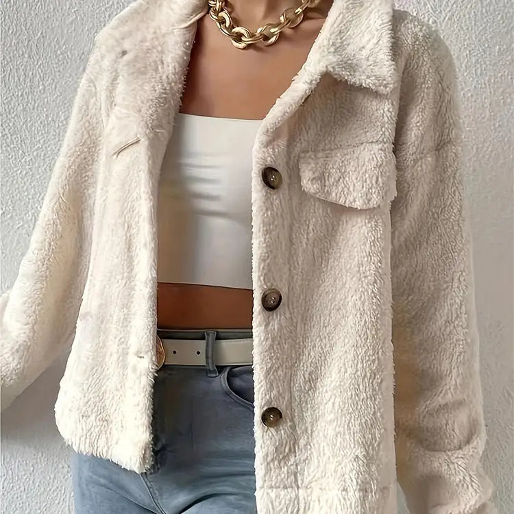 Velvety White Woolen Lapel Coat