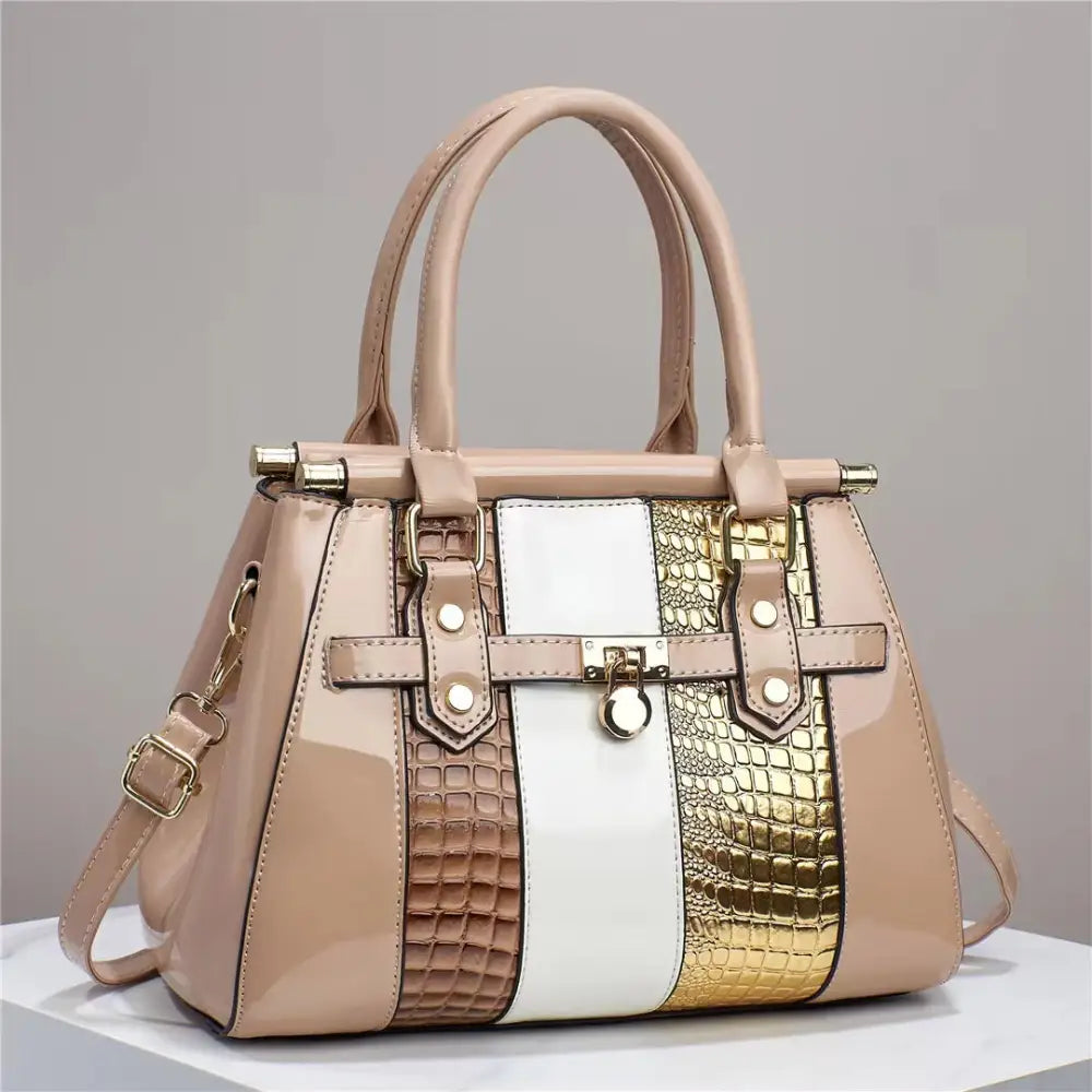 VertiBright Lizard Leather Max-Capacity Shoulder Bag - Khaki