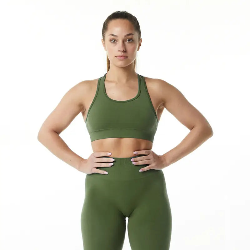 Vest Women’s Shockproof High Strength Integrated Underwear Shorts Fitness Yoga Set - Military Green / S