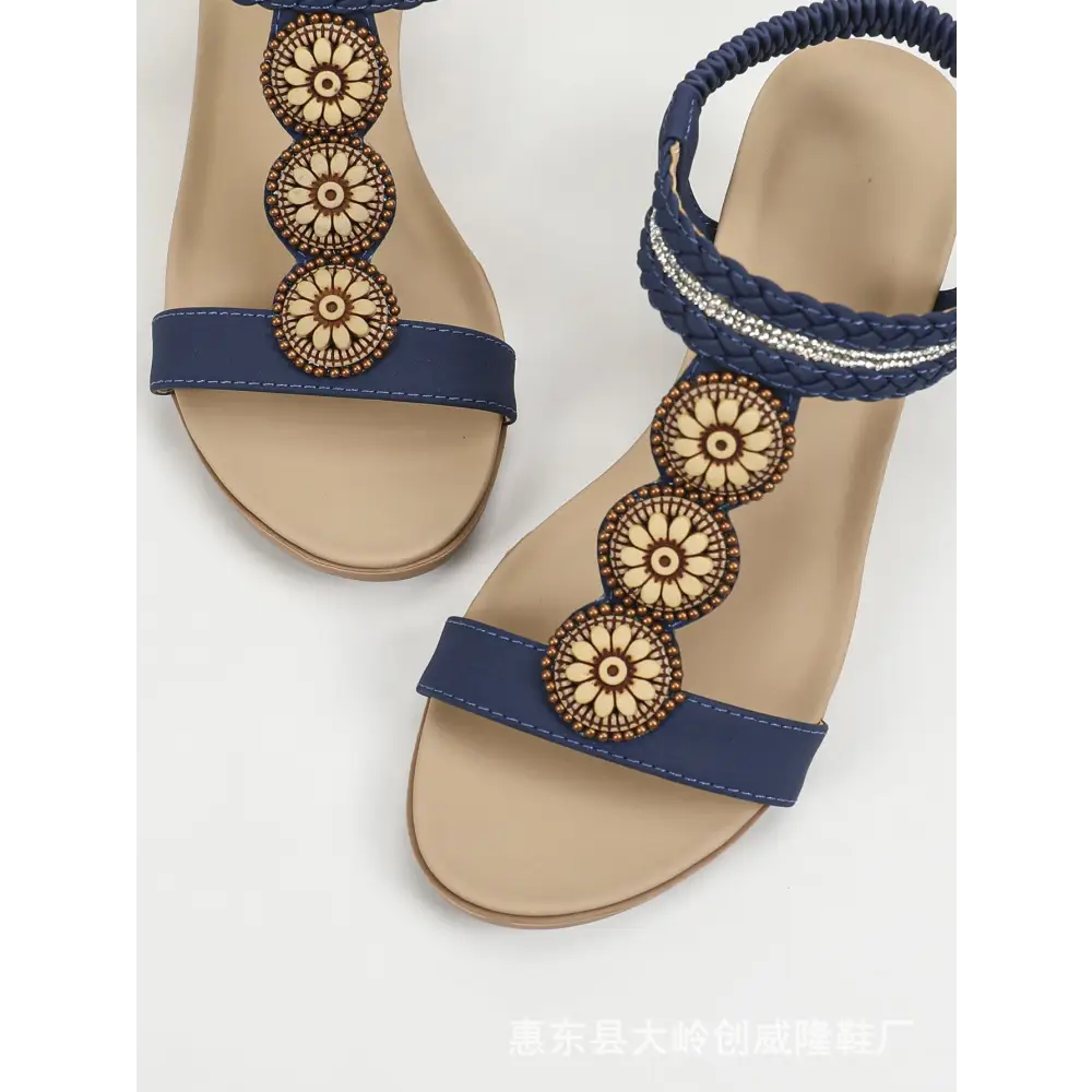Vintage Gemwood Bead Wedge Sandals - Ethnic Chic - Sapphire Blue / 36