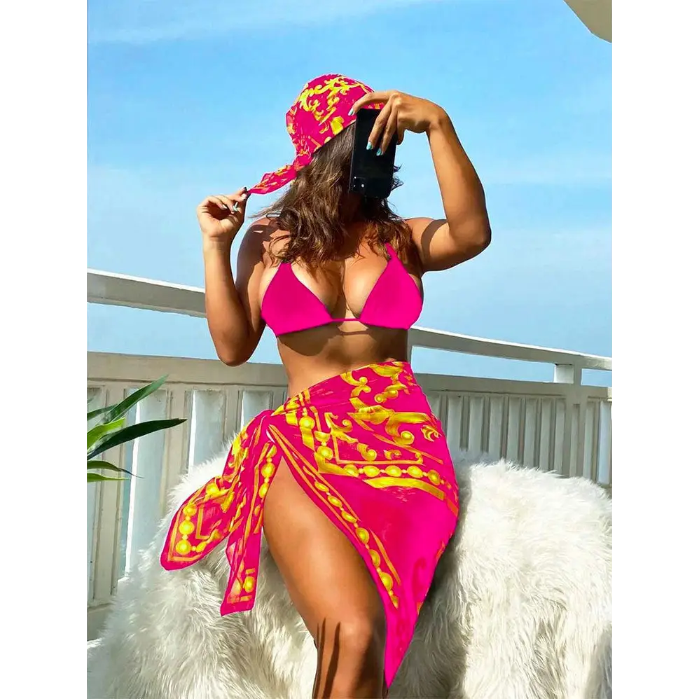 Vintage Print Lace-up Bikini Swimsuit Three-piece Suit