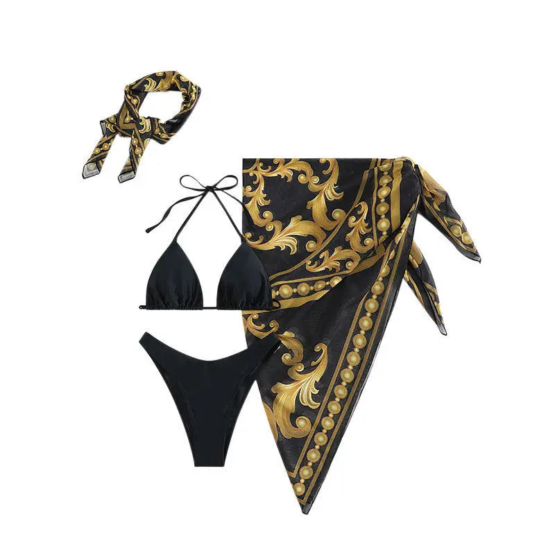 Vintage Print Lace-up Bikini Swimsuit Three-piece Suit