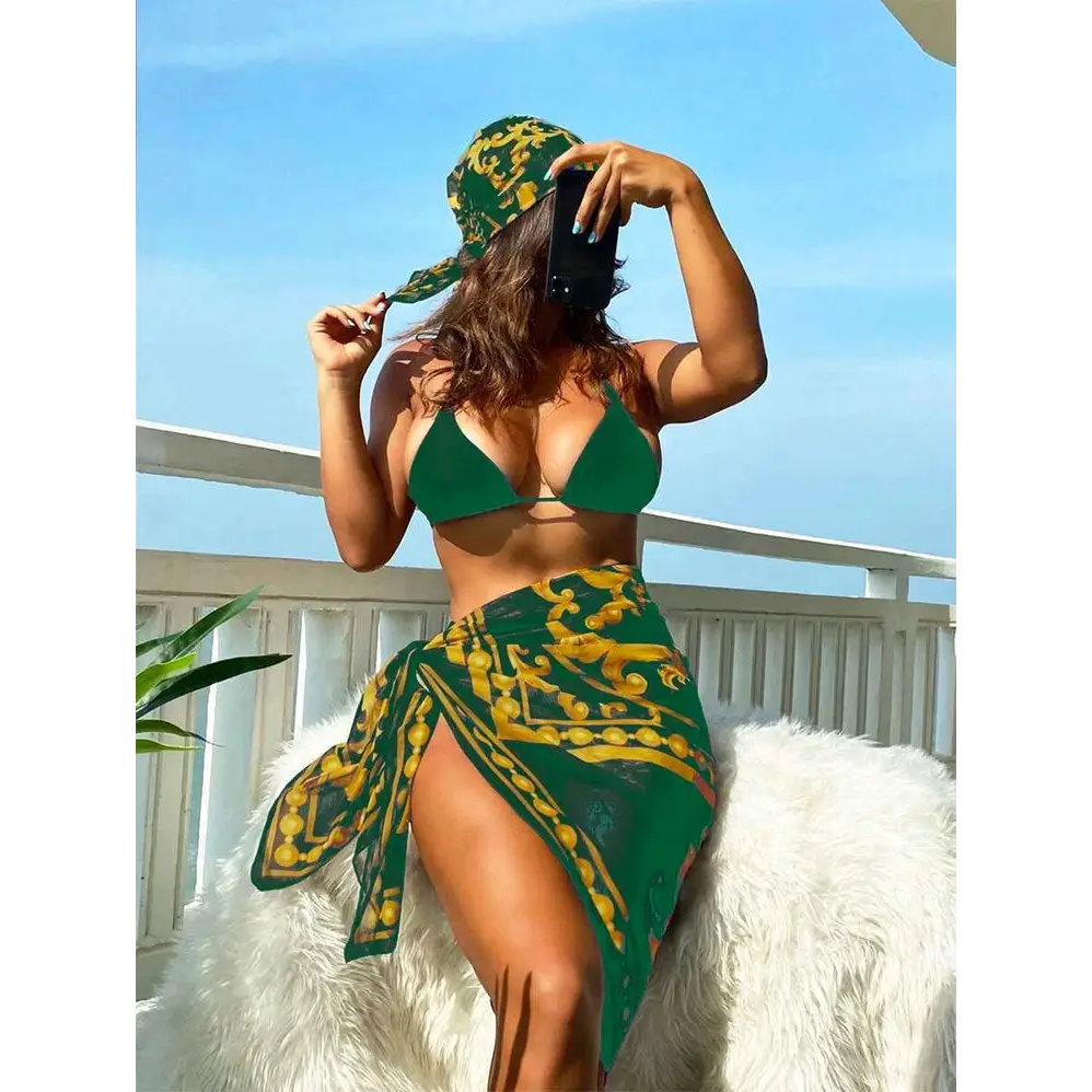 Vintage Print Lace-up Bikini Swimsuit Three-piece Suit