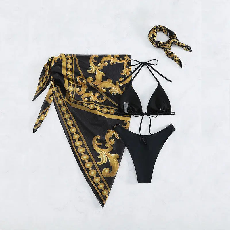 Vintage Print Lace-up Bikini Swimsuit Three-piece Suit