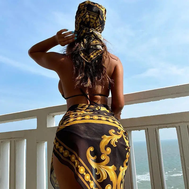 Vintage Print Lace-up Bikini Swimsuit Three-piece Suit