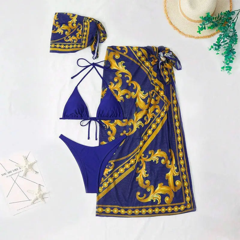 Vintage Print Lace-up Bikini Swimsuit Three-piece Suit - Blue / S