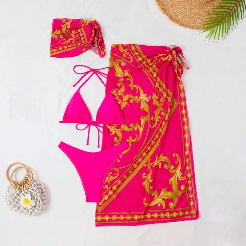 Vintage Print Lace-up Bikini Swimsuit Three-piece Suit - Rose Red / S