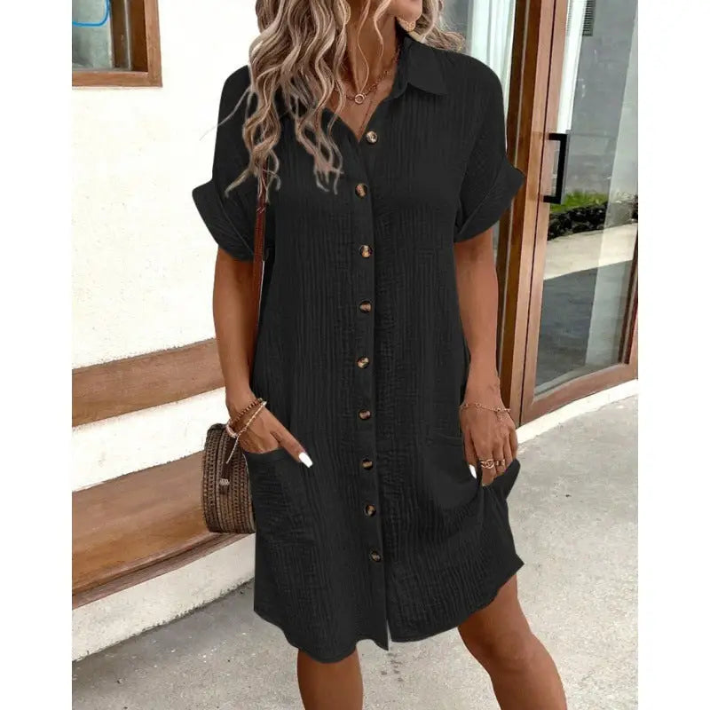 Vivi Vibe: Casual V-Neck Loose Dress Skirt - Black / S - 4