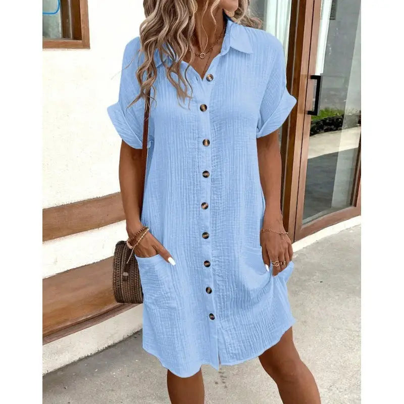 Vivi Vibe: Casual V-Neck Loose Dress Skirt - Blue / S - 4
