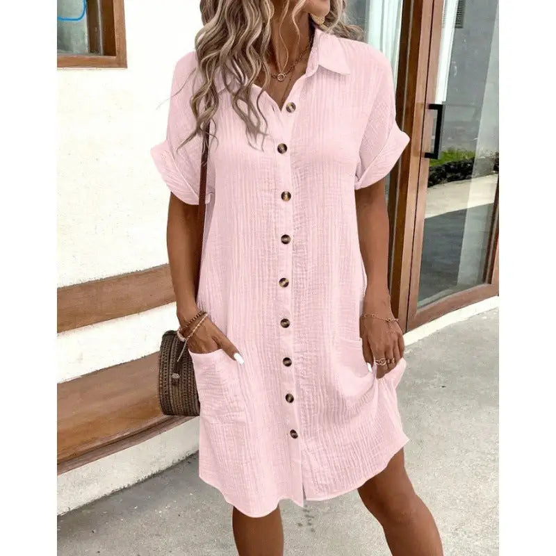 Vivi Vibe: Casual V-Neck Loose Dress Skirt - Pink / S - 4