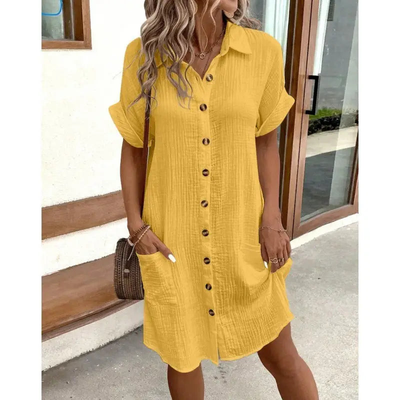 Vivi Vibe: Casual V-Neck Loose Dress Skirt - Yellow / S - 4