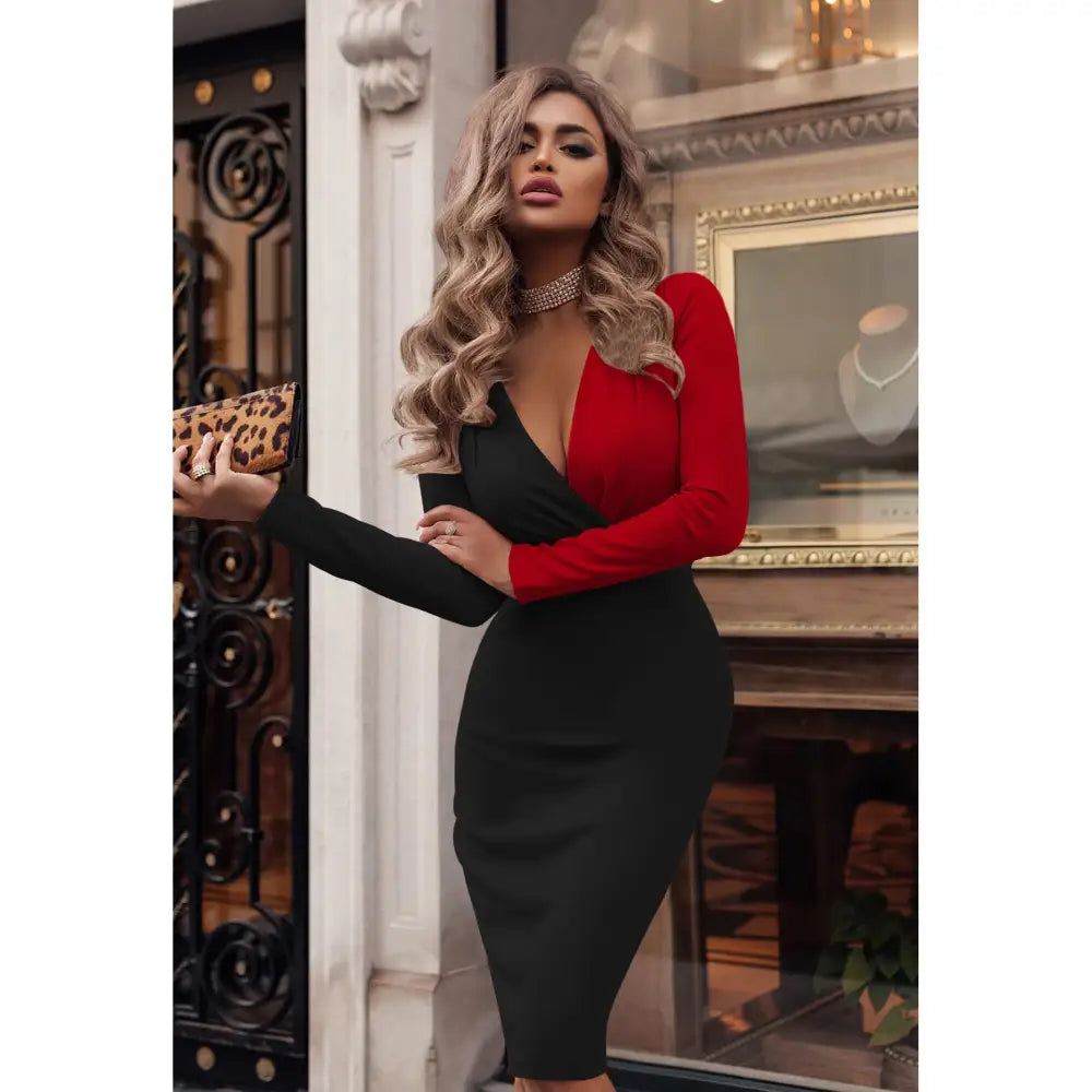 Vivid Vibe: Pleated Colorblock Hip Skirt - Black red / S