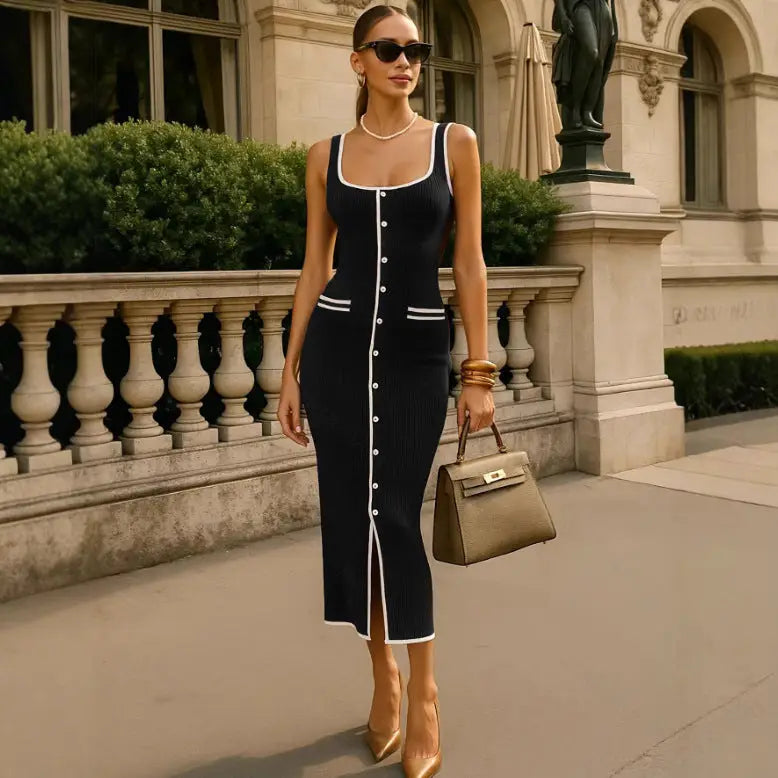 VividBuckle Knit Dress: Contrast & Chic