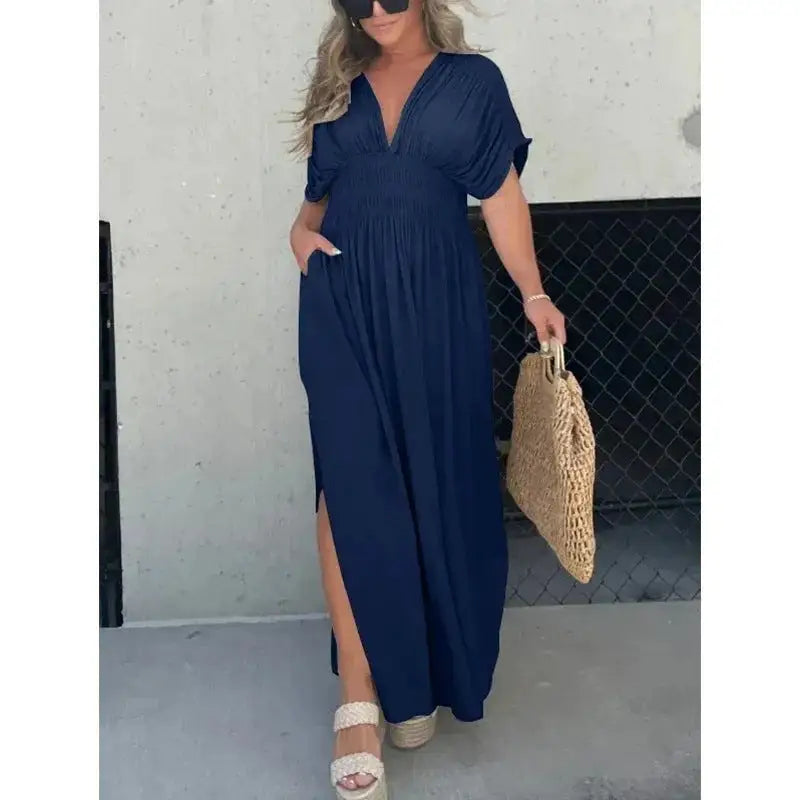 VogueBat: Chic V-Neck Slit Summer Dress - Dark Blue / S
