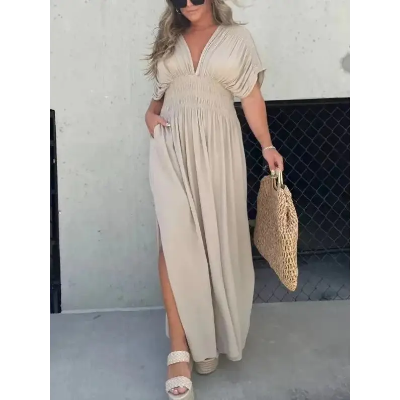 VogueBat: Chic V-Neck Slit Summer Dress - Khaki / S