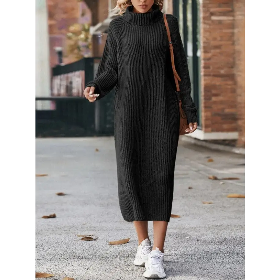 Warm Knit Turtleneck Dress - Black / XS