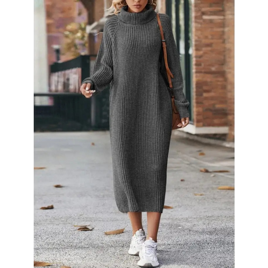 Warm Knit Turtleneck Dress - Dark Gray / XS