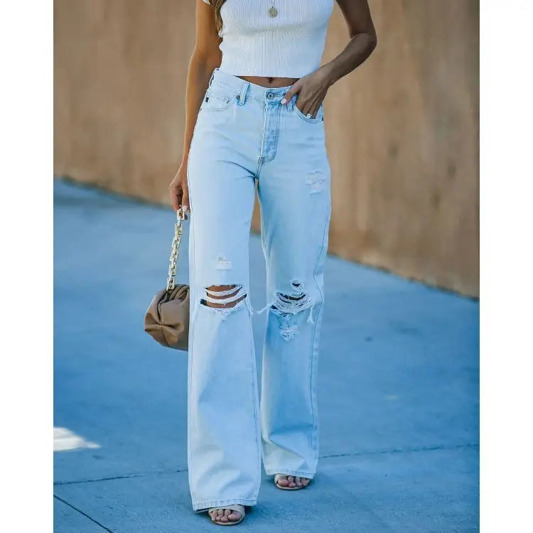 Washed Ripped Denim Trousers - Light Blue / S
