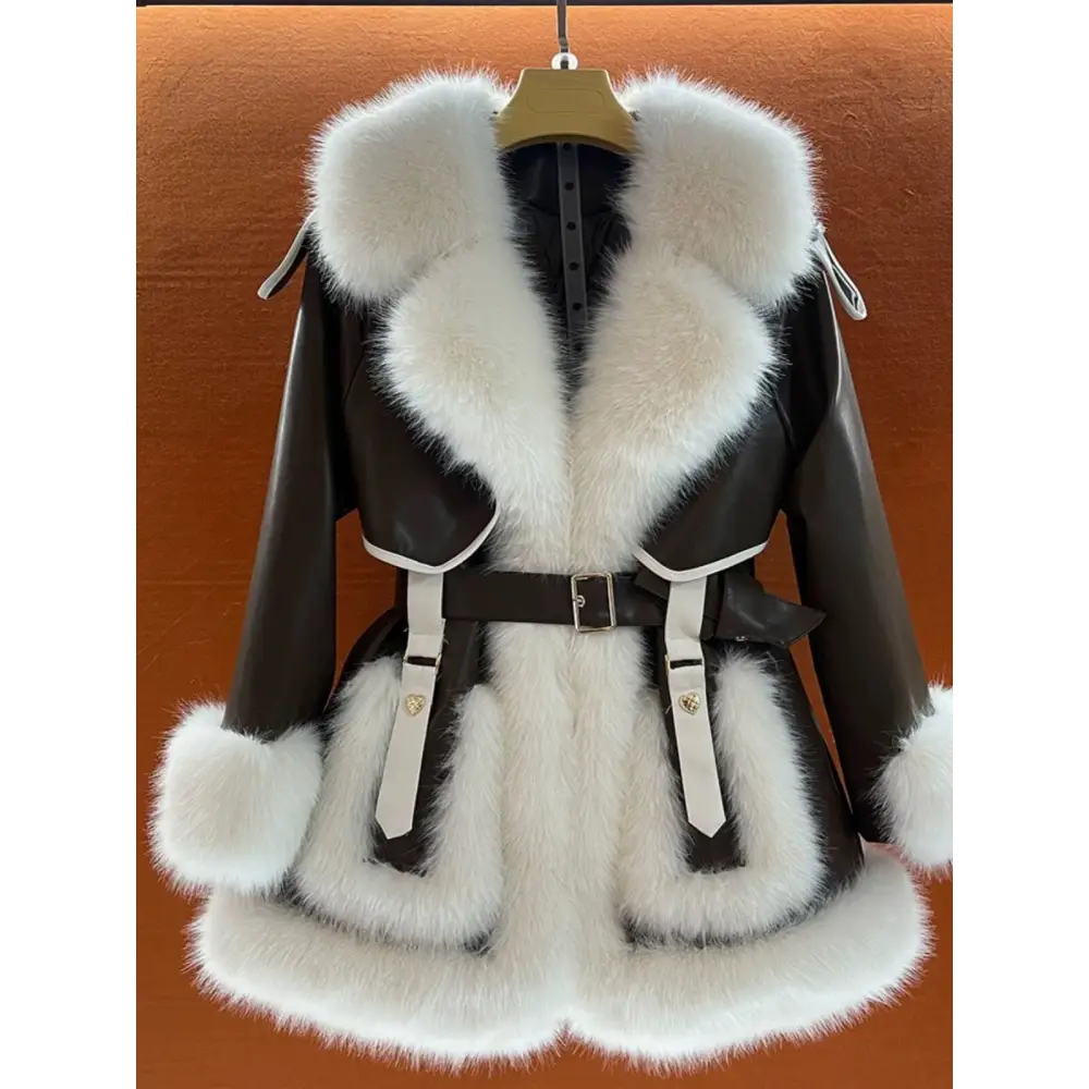 Brown and white fur-trimmed belted coat.