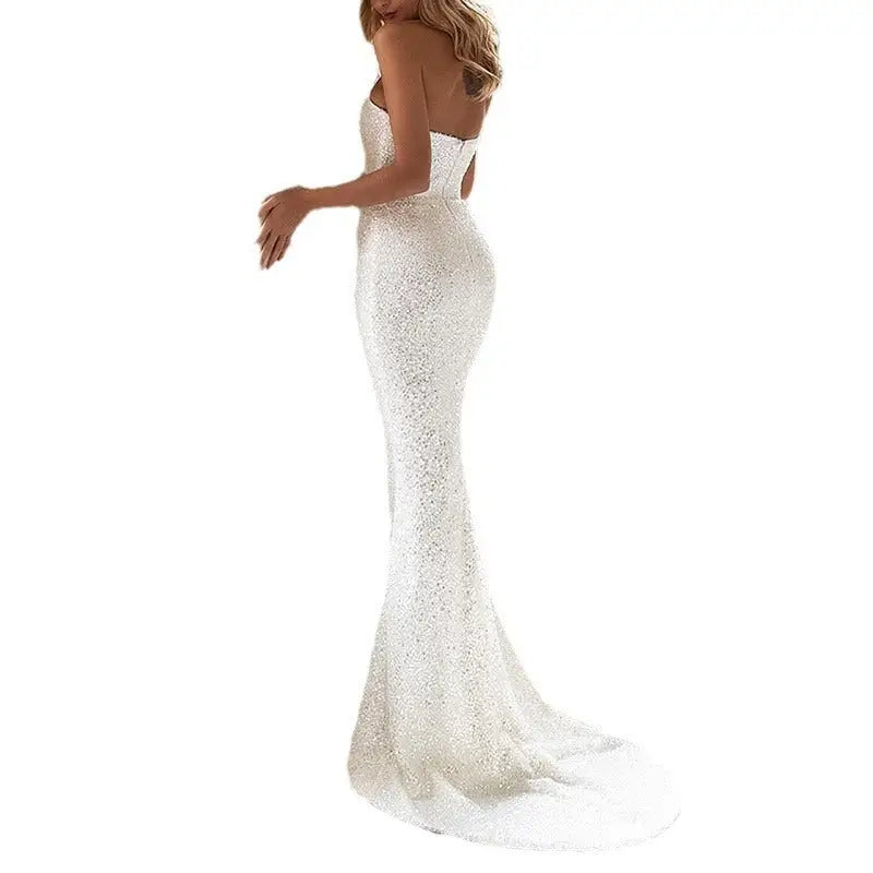 White High Waist Lace Long Skirt with Sequins