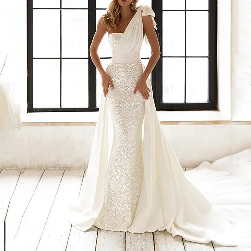 White High Waist Lace Long Skirt with Sequins - White / S