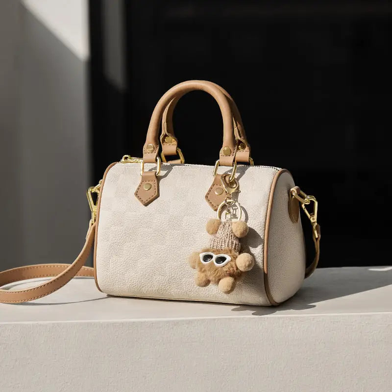 White Leather Boston Crossbody Bag - Beige And Apricot / 20x12x14.5CM