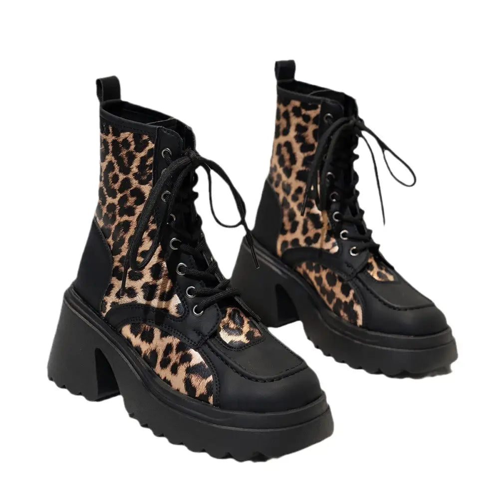 WildStride Leopard Lace-Up Chunky Heel Booties