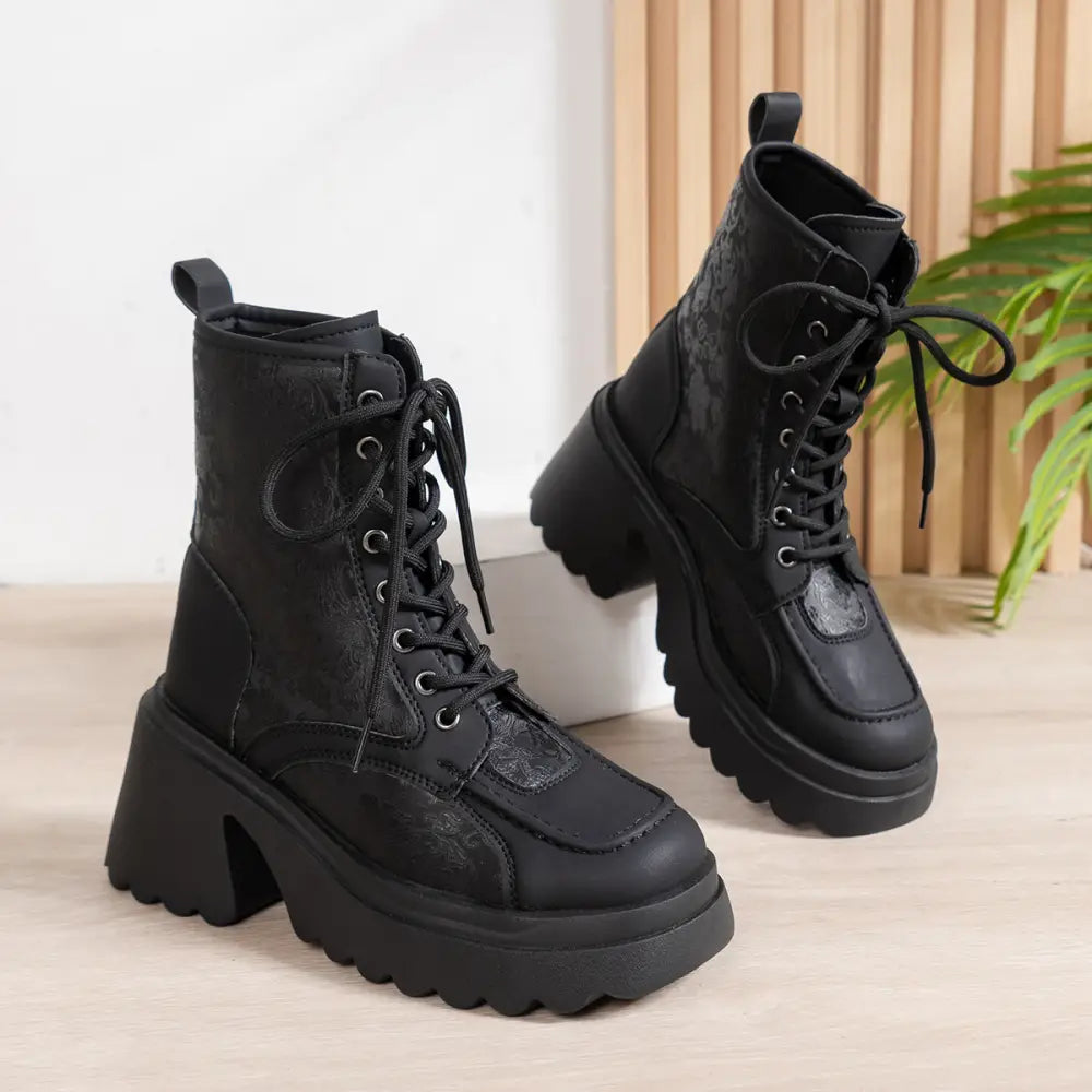 WildStride Leopard Lace-Up Chunky Heel Booties - National Style Black / 35