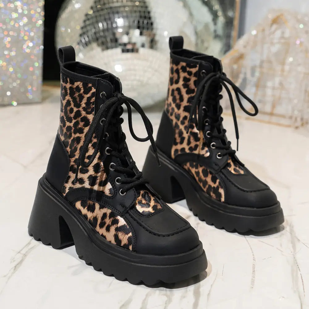 WildStride Leopard Lace-Up Chunky Heel Booties - Leopard Print Black / 35