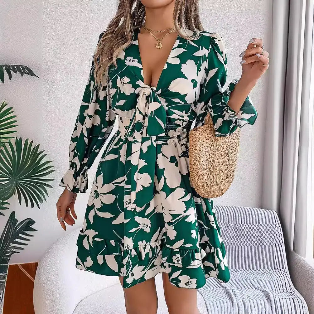 Women’s Casual Flower Half Sleeve Ruffled A-line Dress