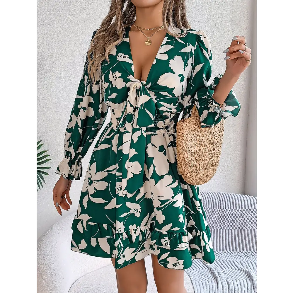 Women’s Casual Flower Half Sleeve Ruffled A-line Dress - Green / S