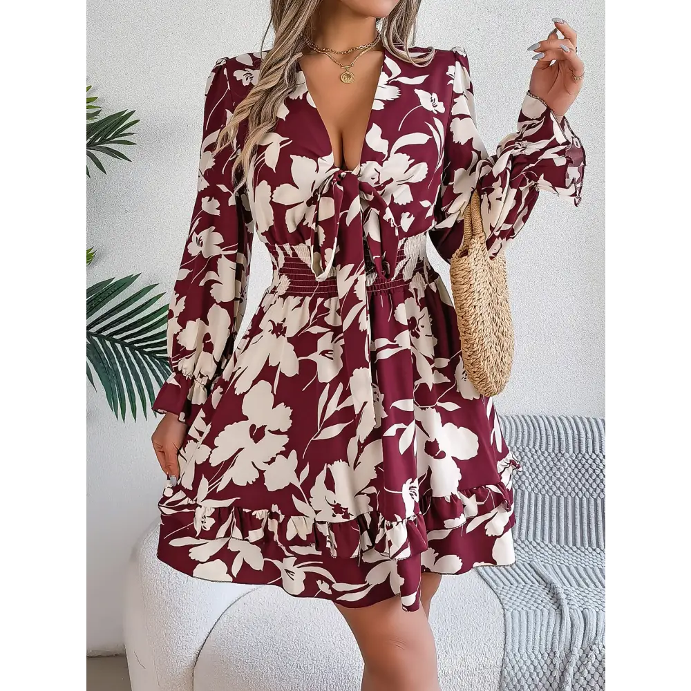 Women’s Casual Flower Half Sleeve Ruffled A-line Dress - Wine Red / S