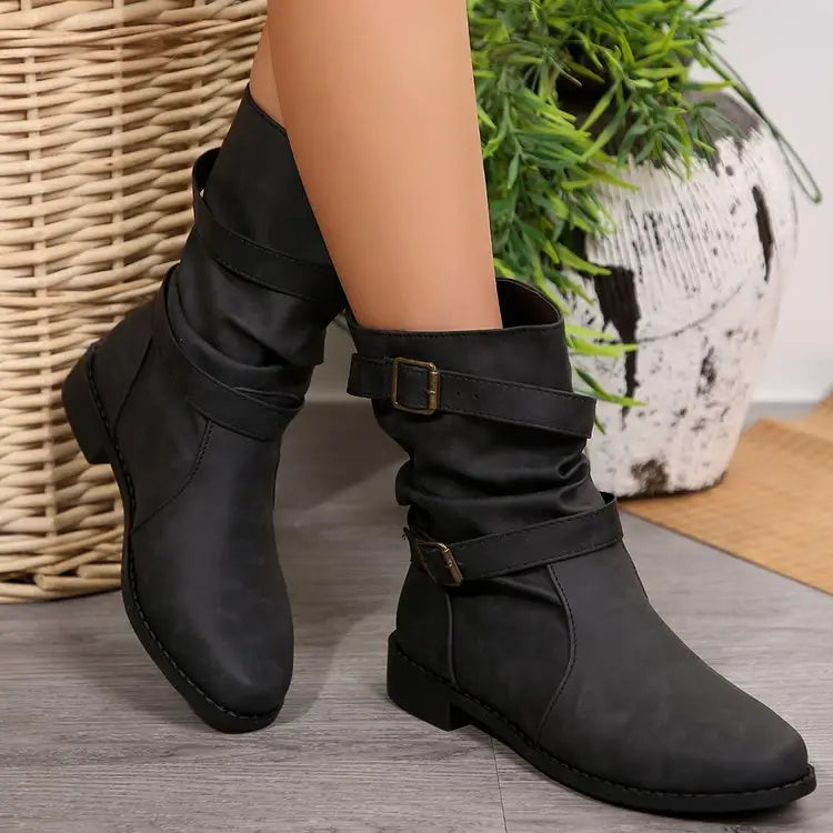 Women’s Casual PU Leather Round Toe Boots