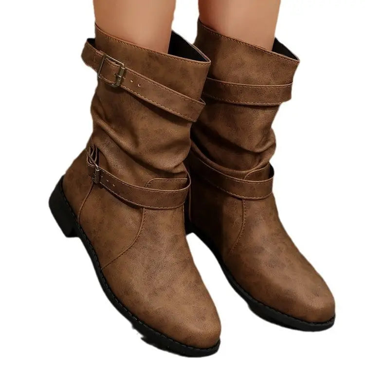 Women’s Casual PU Leather Round Toe Boots