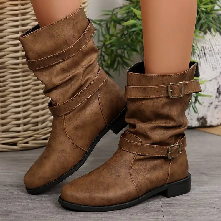 Women’s Casual PU Leather Round Toe Boots - Brown / 36