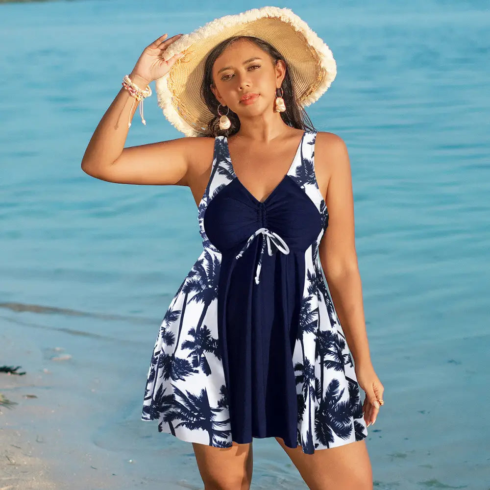 Women’s Creative Simple Printed Conservative Split Swimsuit - Coconut Tree / XL