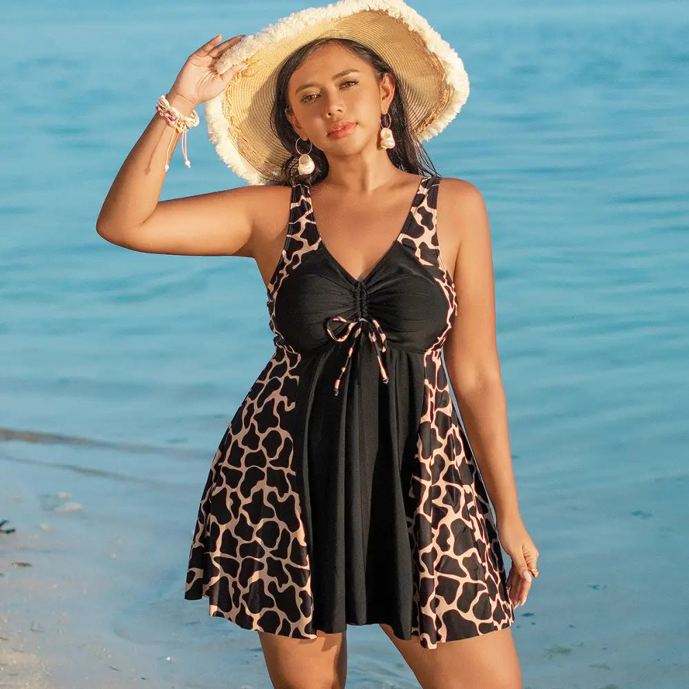 Women’s Creative Simple Printed Conservative Split Swimsuit - Leopard Print / 2XL