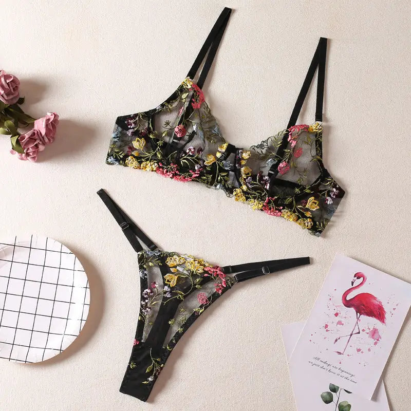 Women’s Fashion Floral Underwear Suit - Black / S