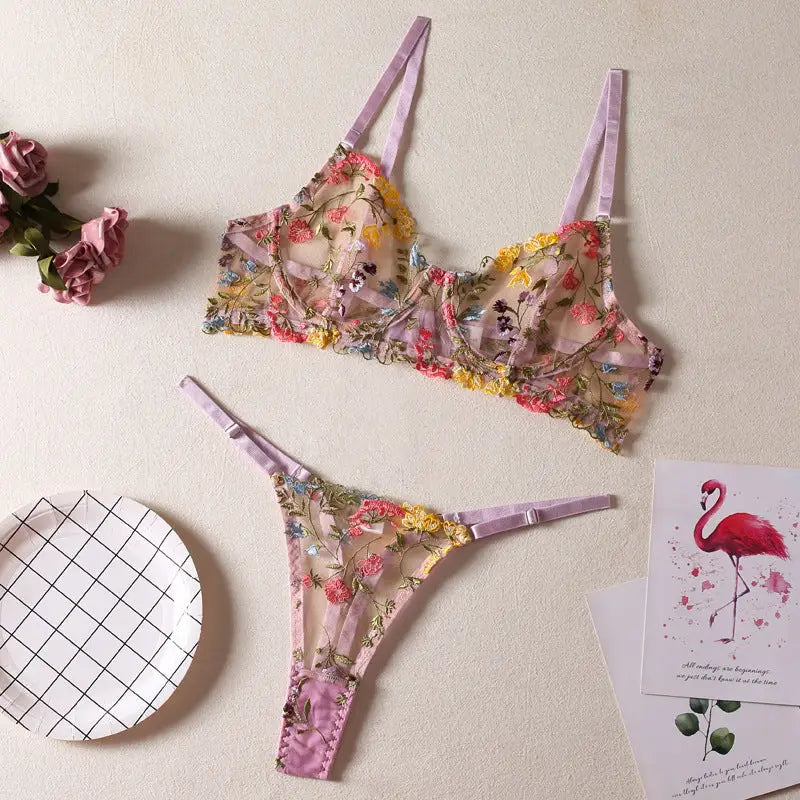 Women’s Fashion Floral Underwear Suit - Purple / S