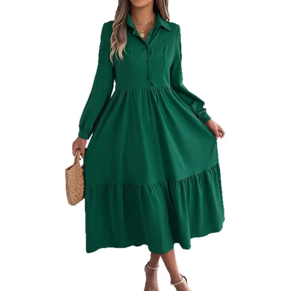 Women’s Lapel Casual Loose Long Sleeve Ruffled Shirt Dresses Long Sleeved Turn-down Collar Single-Breasted Dress Spring