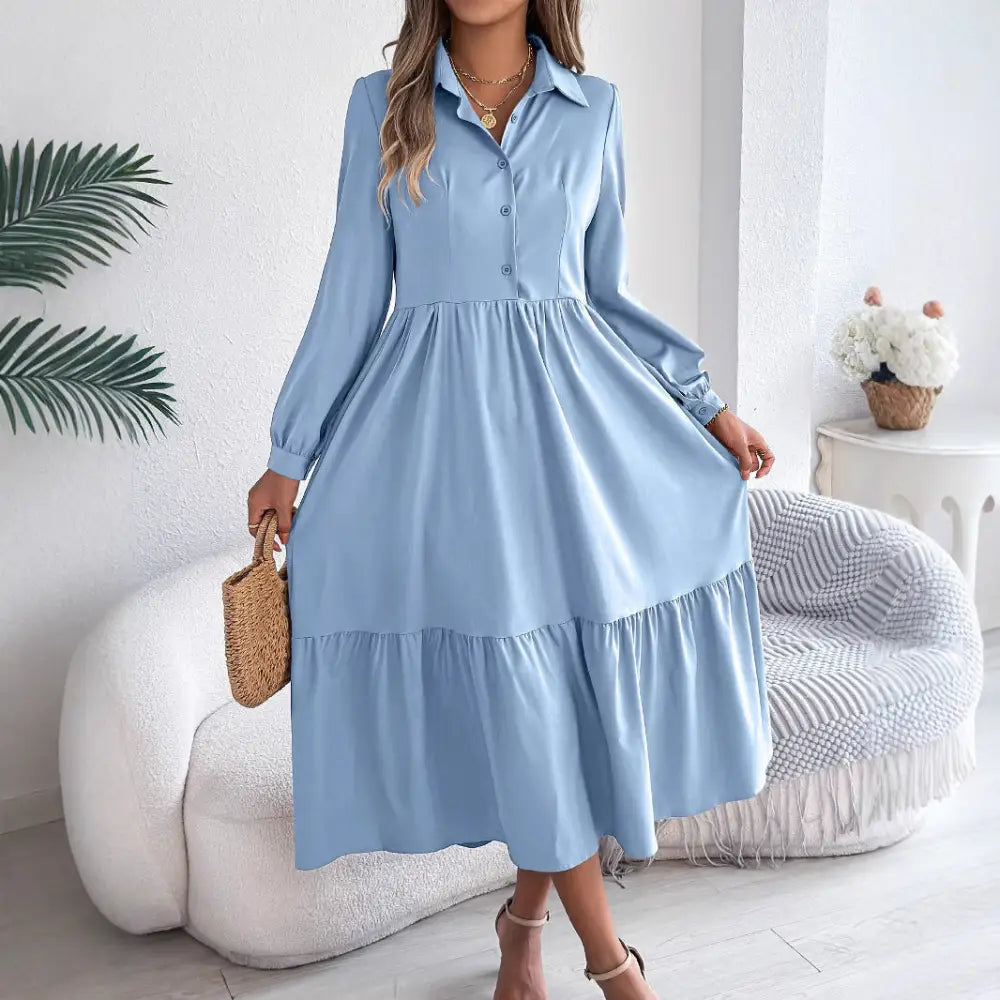 Women’s Lapel Casual Loose Long Sleeve Ruffled Shirt Dresses Long Sleeved Turn-down Collar Single-Breasted Dress Spring