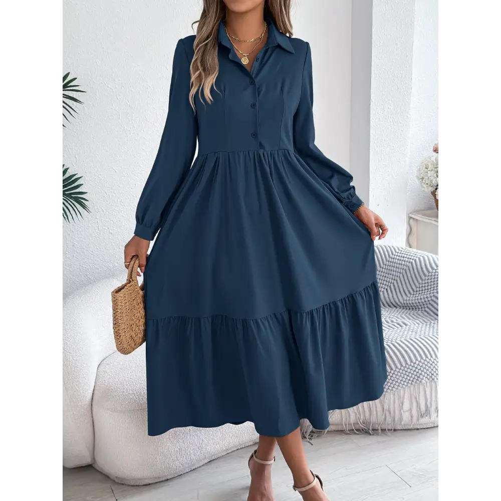 Women’s Lapel Casual Loose Long Sleeve Ruffled Shirt Dresses Long Sleeved Turn-down Collar Single-Breasted Dress Spring