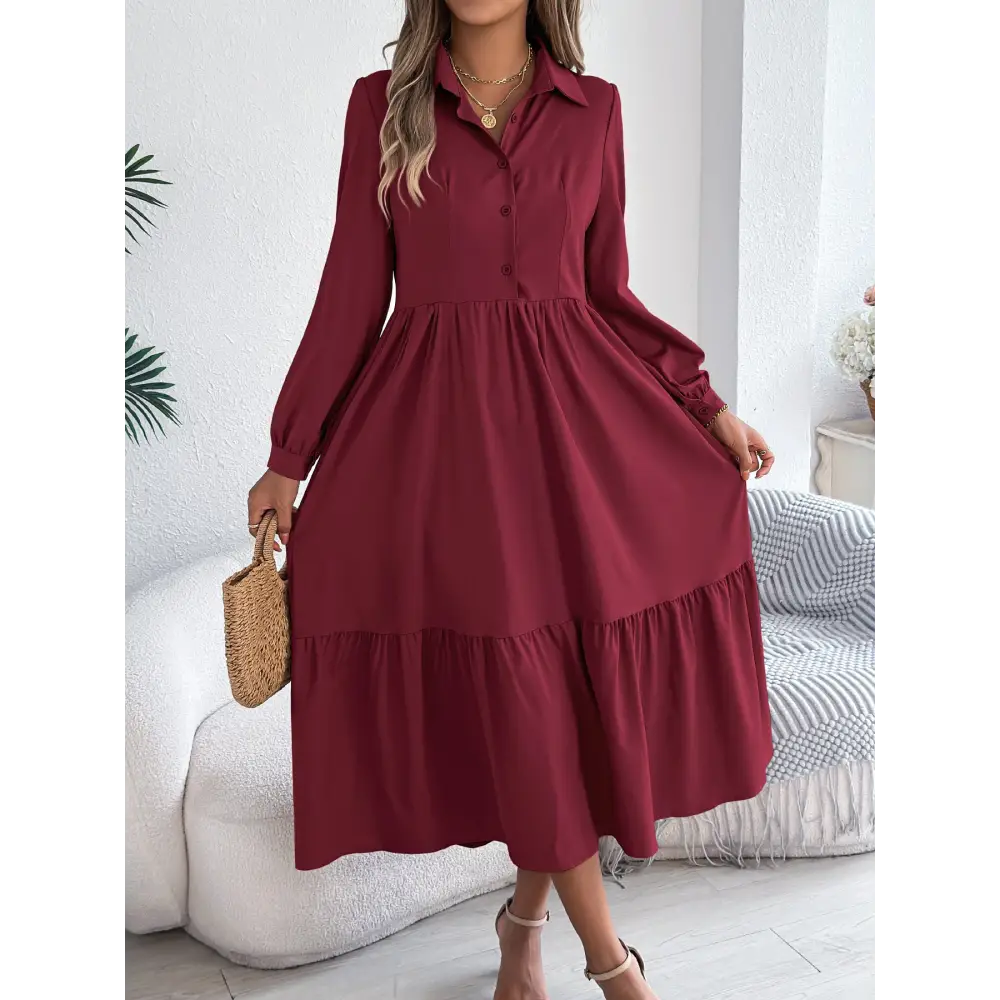 Women’s Lapel Casual Loose Long Sleeve Ruffled Shirt Dresses Long Sleeved Turn-down Collar Single-Breasted Dress Spring
