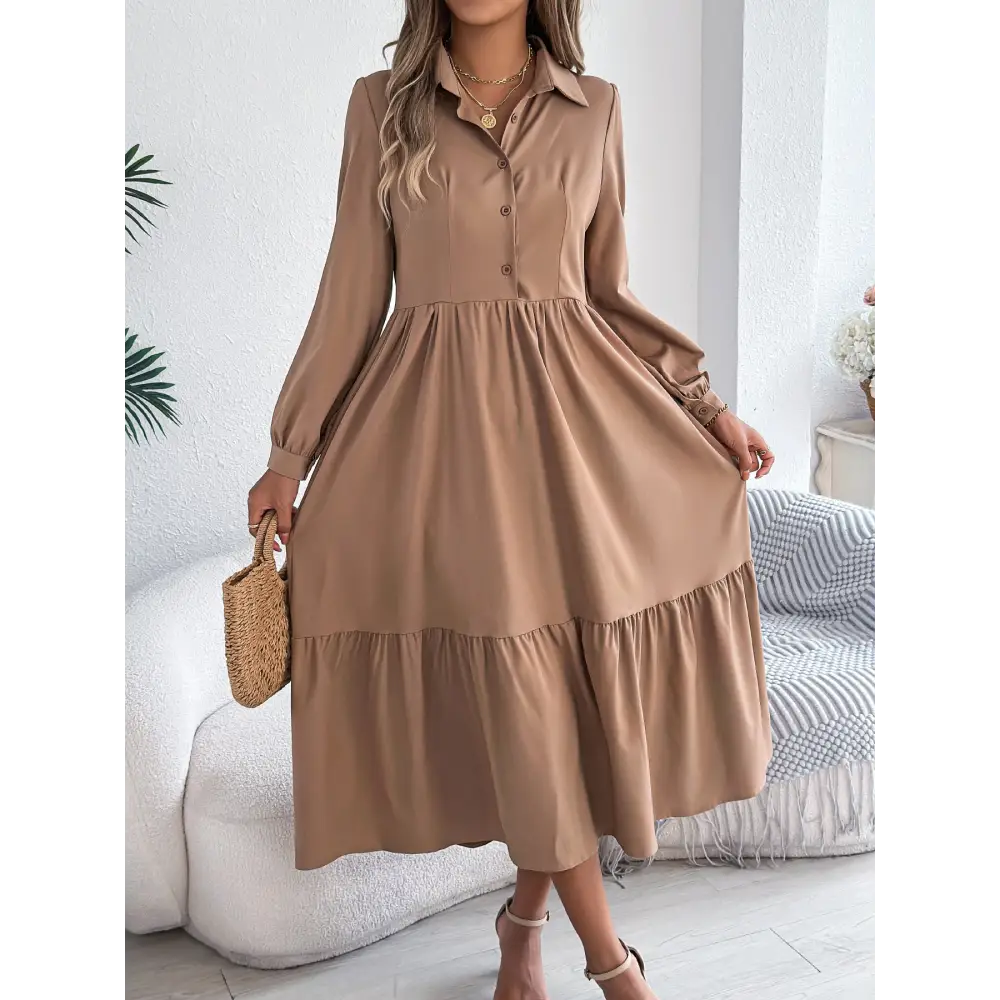 Women’s Lapel Casual Loose Long Sleeve Ruffled Shirt Dresses Long Sleeved Turn-down Collar Single-Breasted Dress Spring