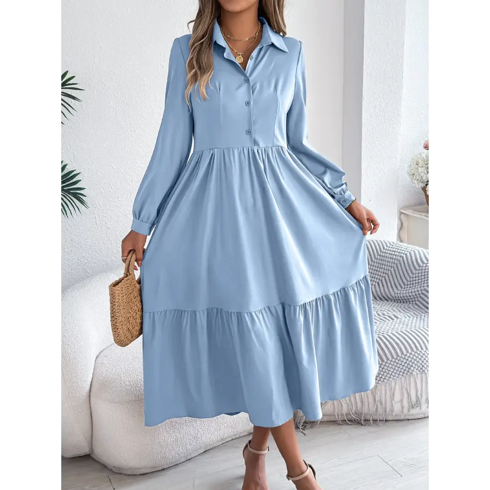 Women’s Lapel Casual Loose Long Sleeve Ruffled Shirt Dresses Long Sleeved Turn-down Collar Single-Breasted Dress Spring